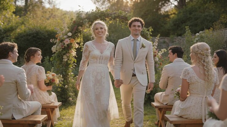 After kiss bride in gown and groom walking down grassy aisle, exiting garden ceremony, floral arch