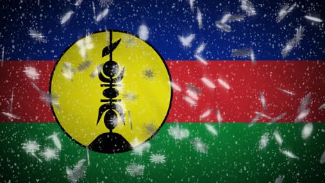 new caledonia flag falling snow loopable, new year and christmas background, loop