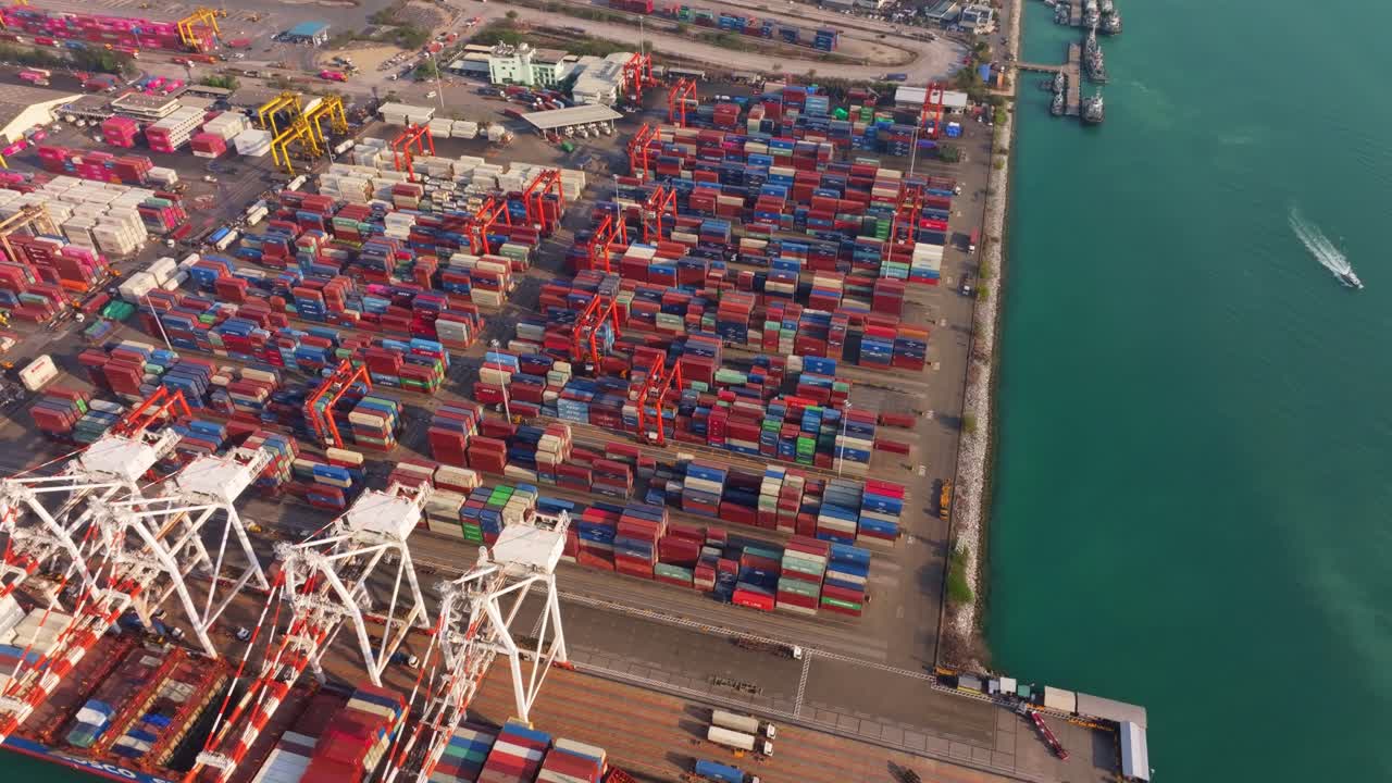 Overhead shot of transport containers at cargo dock, Thailand