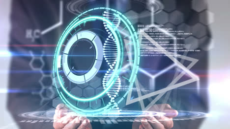 Animation-of-scope-scanning,-dna-strand-and-data-processing-over-caucasian-businessman