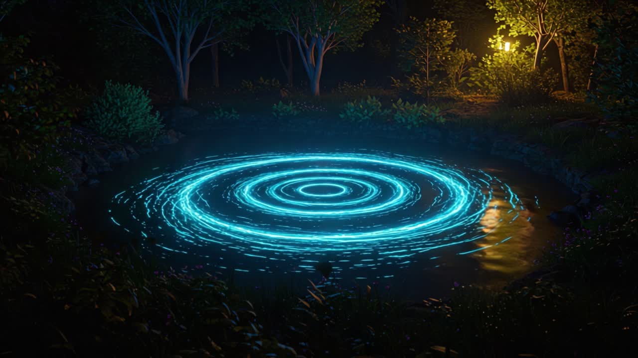 A Mysterious Circular Light Emerges from a Tranquil Pond at Night, Creating a Mesmerizing Display of Blue Luminescence in a Serene Natural Setting