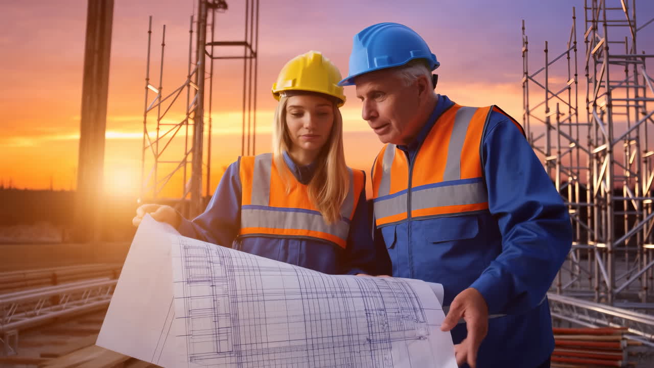 Sunset Construction Site Caucasian Engineers Review Blueprint, Orange Skyline And Scaffolding Backdrop, Male