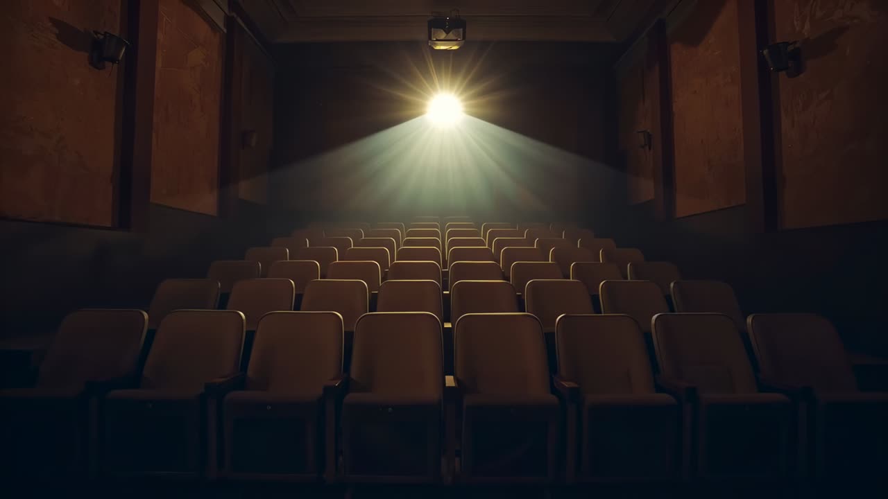 Illuminazione di posti vuoti e imbottiti in un piccolo cinema, lampada posteriore che si accende ed emette un fascio di luce polveroso