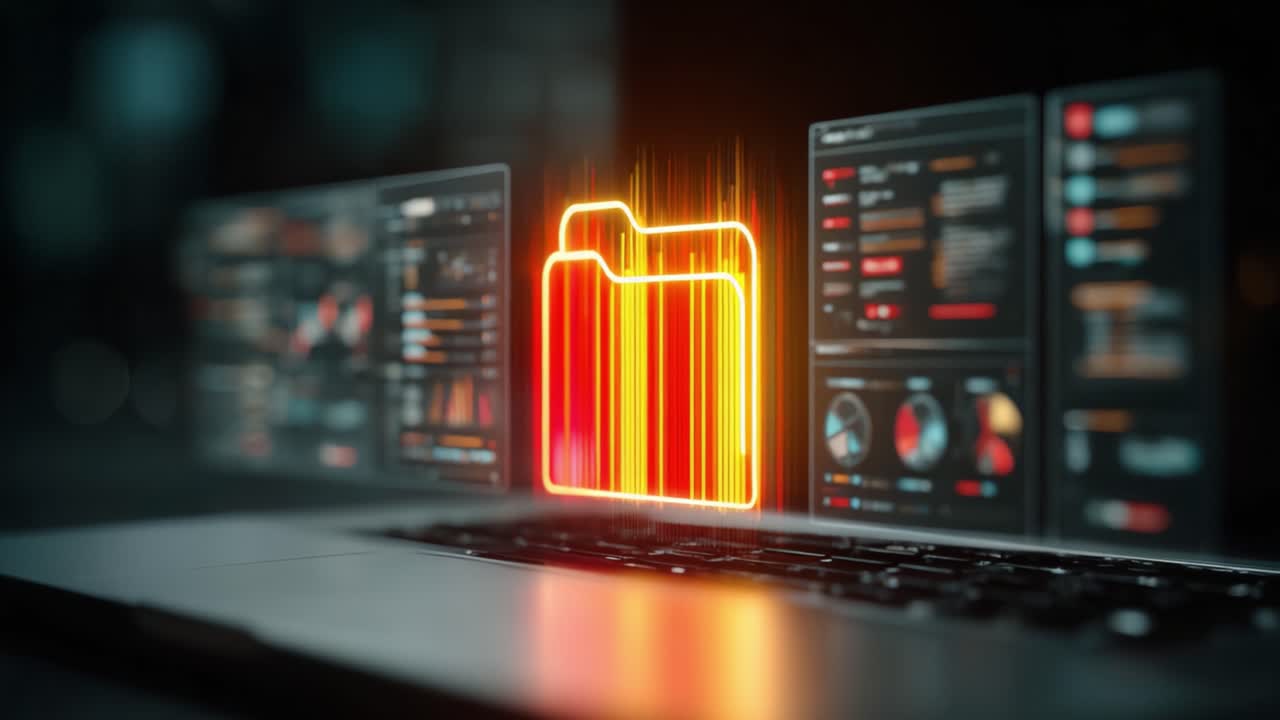 Dynamic Data Visualization: Illustrating the Transition of Digital Folder Contents on a Laptop with Vibrant Soundwave Graphics and Interactive Interface Elements