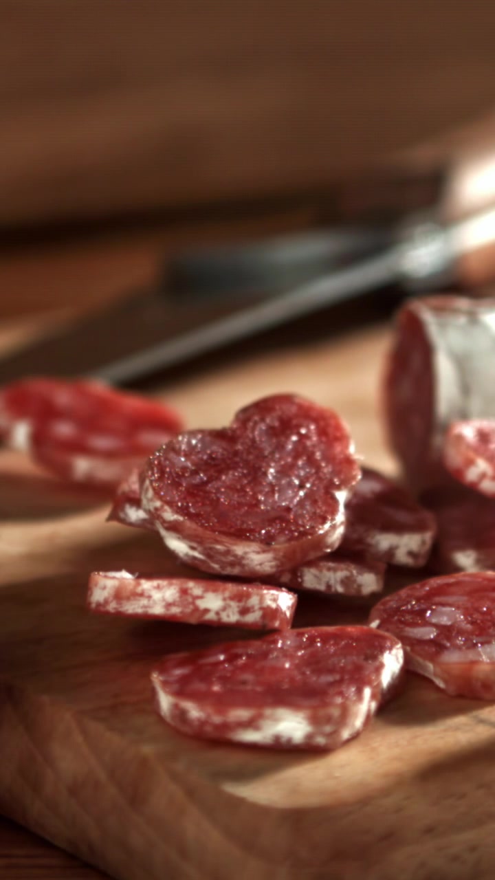 Fette di salame che cadono al rallentatore su un tagliere di legno a forma di cuore
