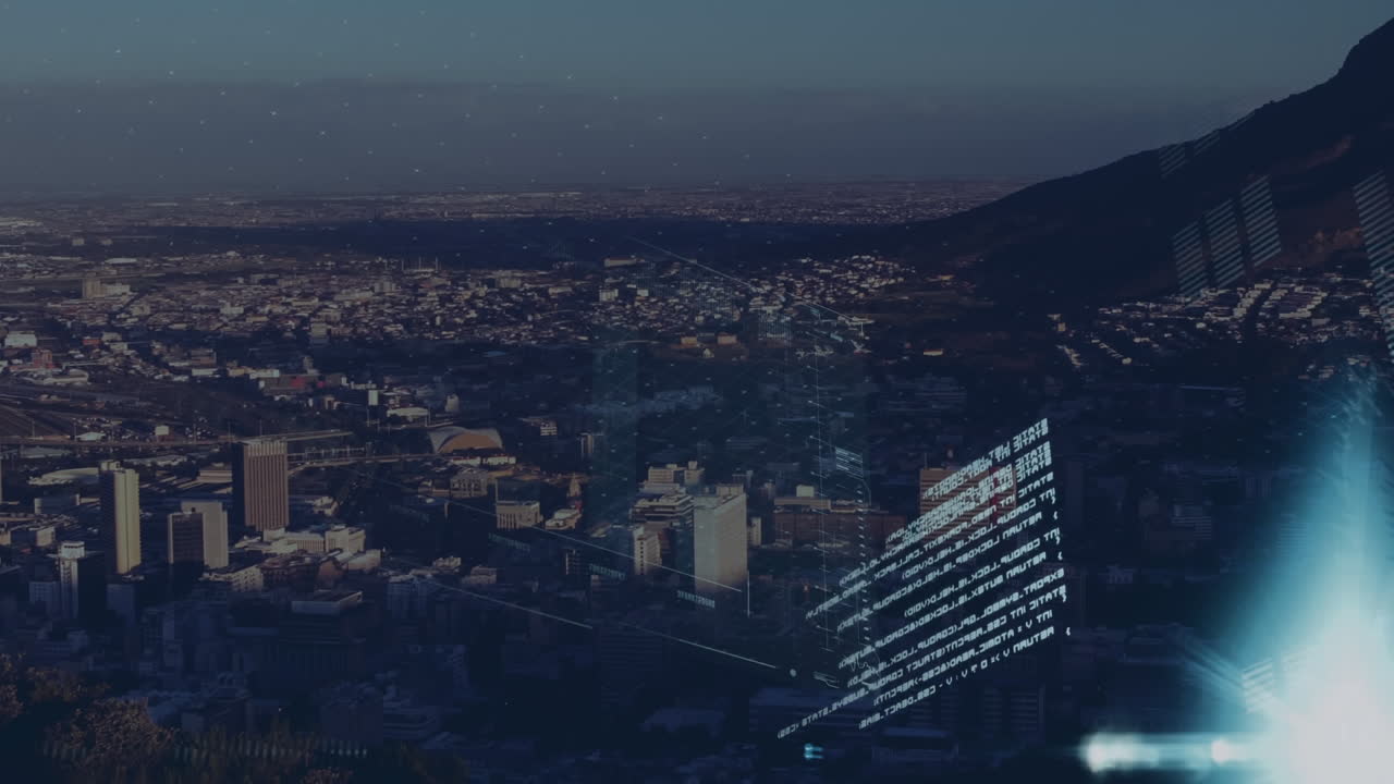 Animazione dell'elaborazione dati su un paesaggio urbano