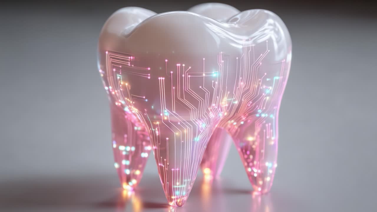 Innovative Digital Tooth: A Futuristic Concept Merging Dental Health with Technology, Showcasing a Sleek Design Adorned with Circuit-Like Patterns in a Modern Aesthetic