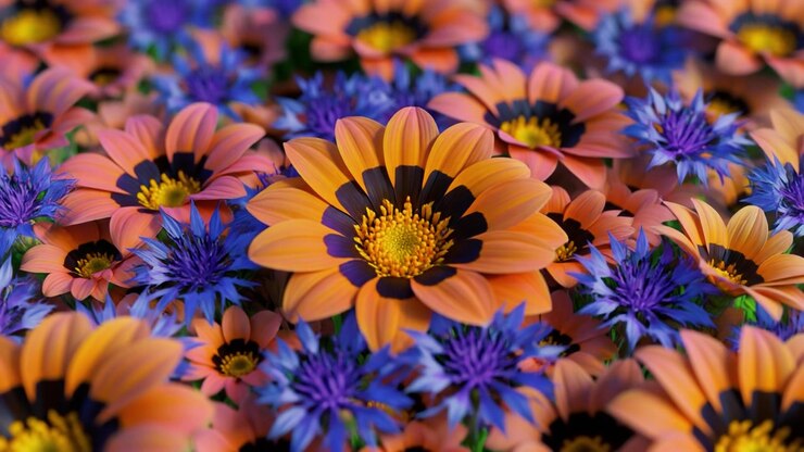 Lebhaftes Feld mit orangefarbenen Gazanien und lila Kornblumenblüten