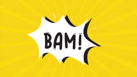 una animación de dibujos animados de tira cómica, con la palabra bam apareciendo. fondo amarillo y de medio tono, efecto de forma de estrella