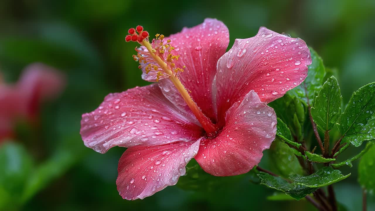 Uno splendido primo piano di un vivace fiore di ibisco coperto di gocce di pioggia, che mostra il suo colore intenso e i petali delicati su uno sfondo verde lussureggiante.