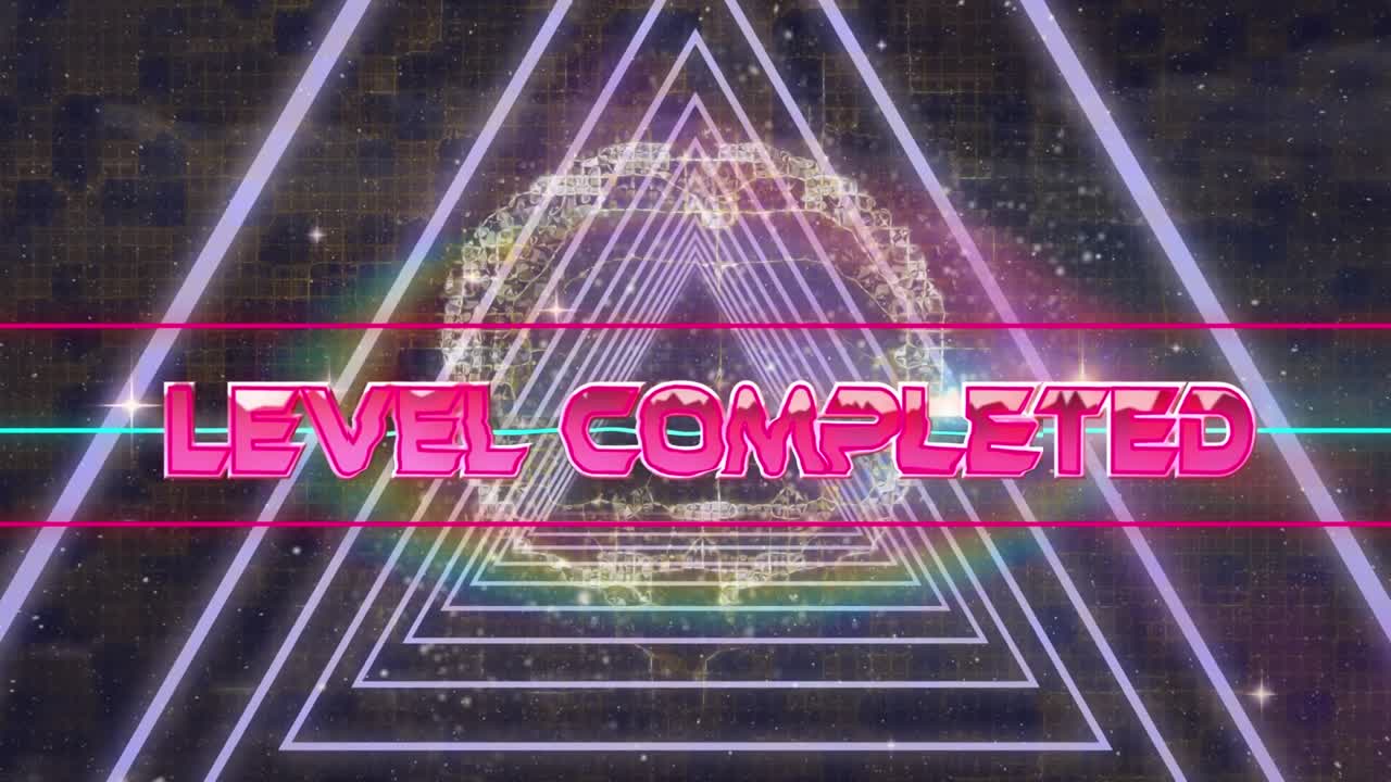 Animation of level completed text over human brain icon against triangles in seamless pattern