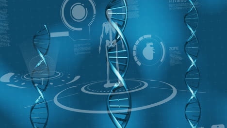 dna structures spinning over medical data processing against blue background