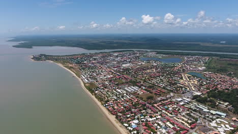 kourou river brown muddy waters due to sediments picked up from forest. drone