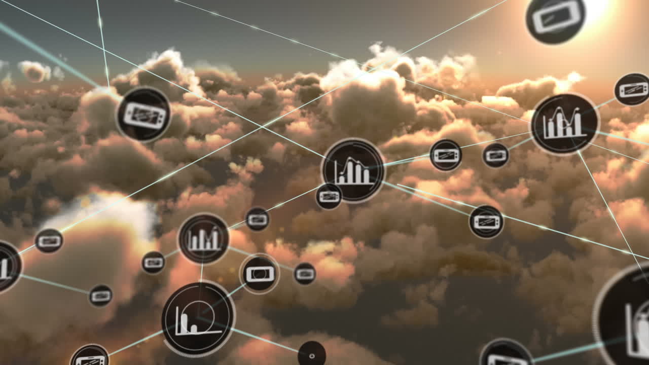 animación de la red de conexiones con iconos sobre nubes en el cielo