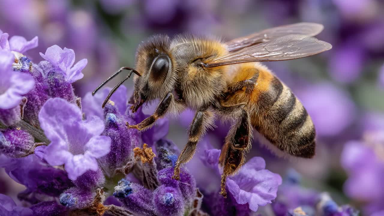 A Close-Up View of a Bee Pollinating Lavender Flowers: Nature's Essential Role in Biodiversity and Ecosystem Health