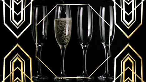 animation of gold pattern over glasses of champagne on black background