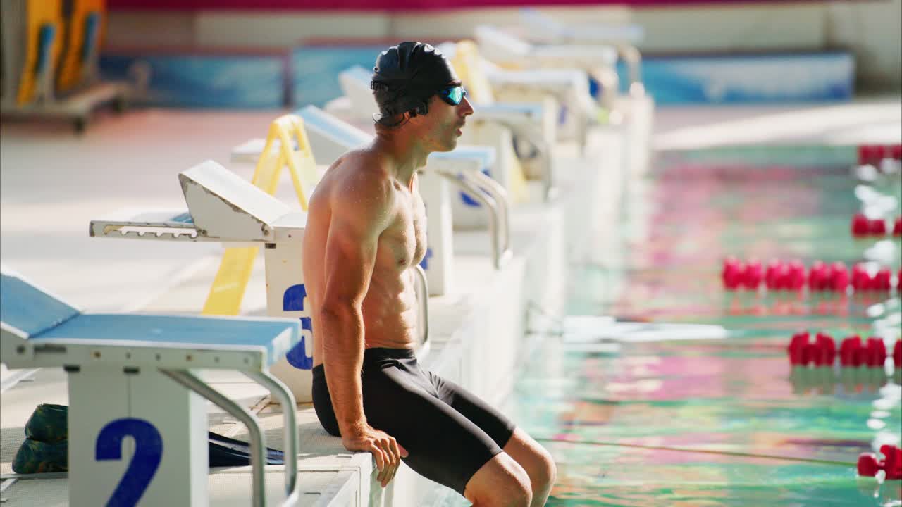 A Swimmer Preparing for a Race at the Poolside, Capturing the Essence of Competition and Focus in a Dynamic Sports Environment