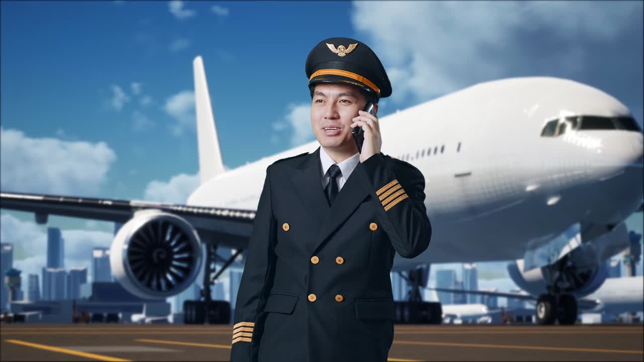 공항에서 전화하는 조종사