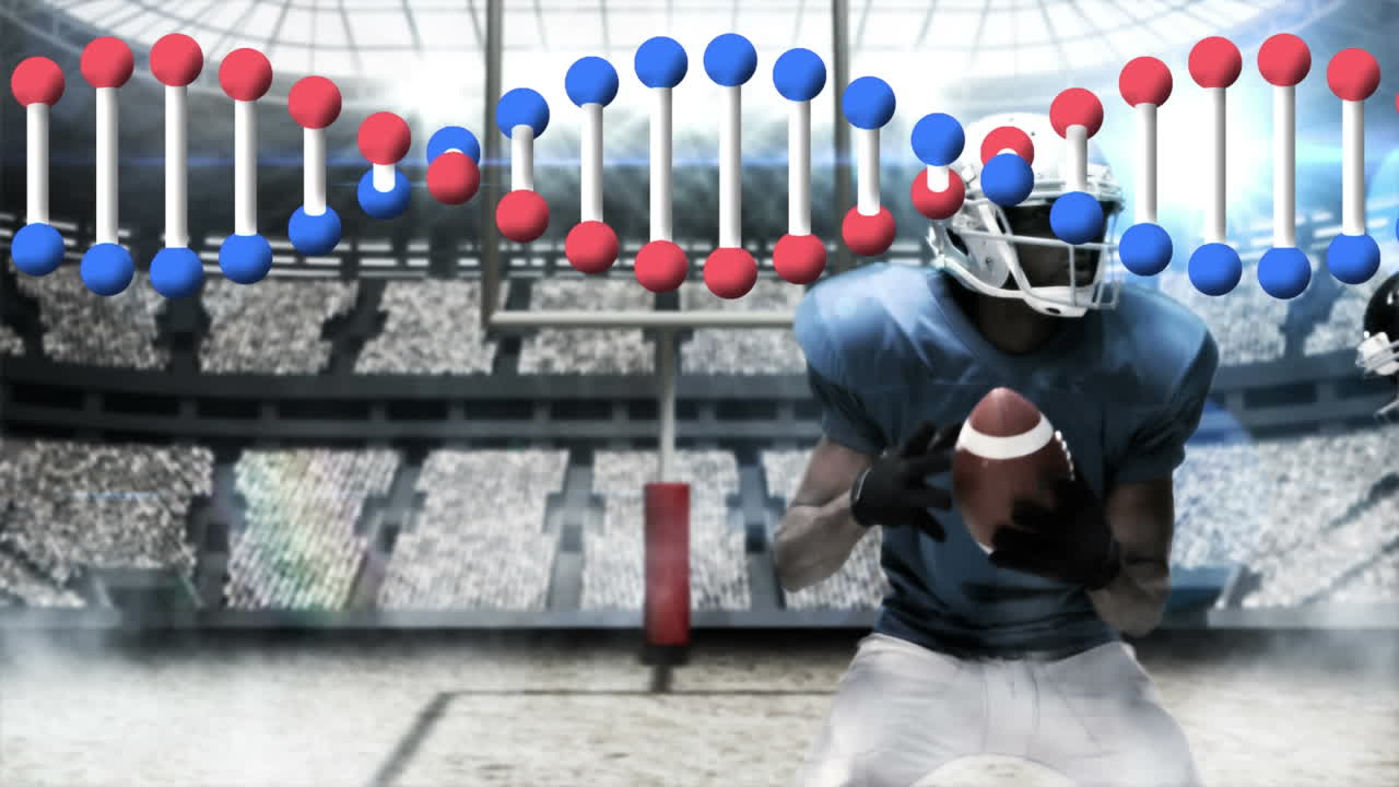 스타디움의 럭비 선수 위에 있는 dna 가닥의 애니메이션