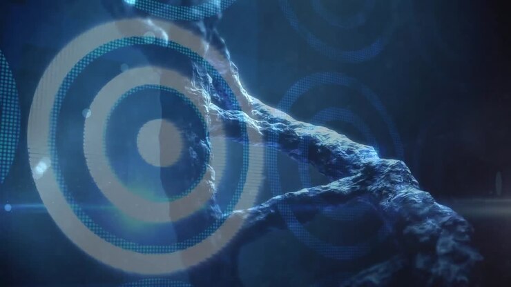 Animation eines DNA-Strangs über Kreisen auf schwarzem Hintergrund