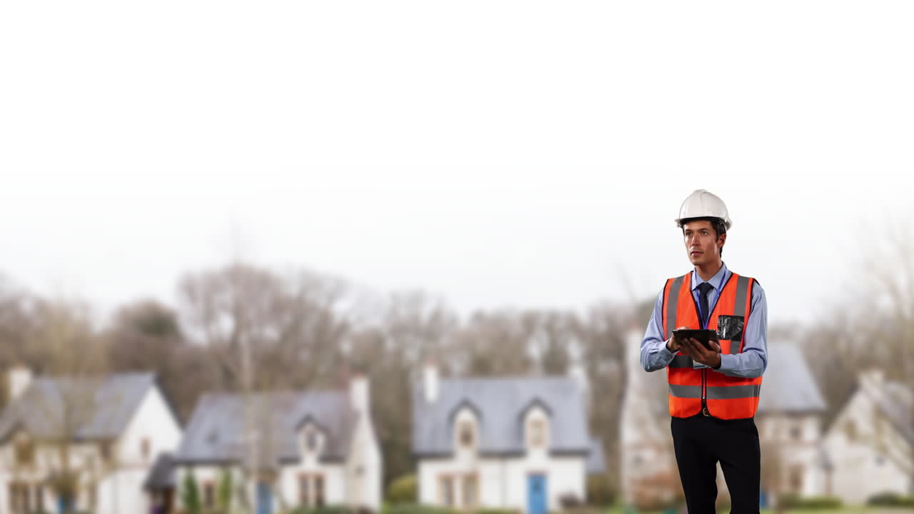 Animation of caucasian male engineer over cityscape