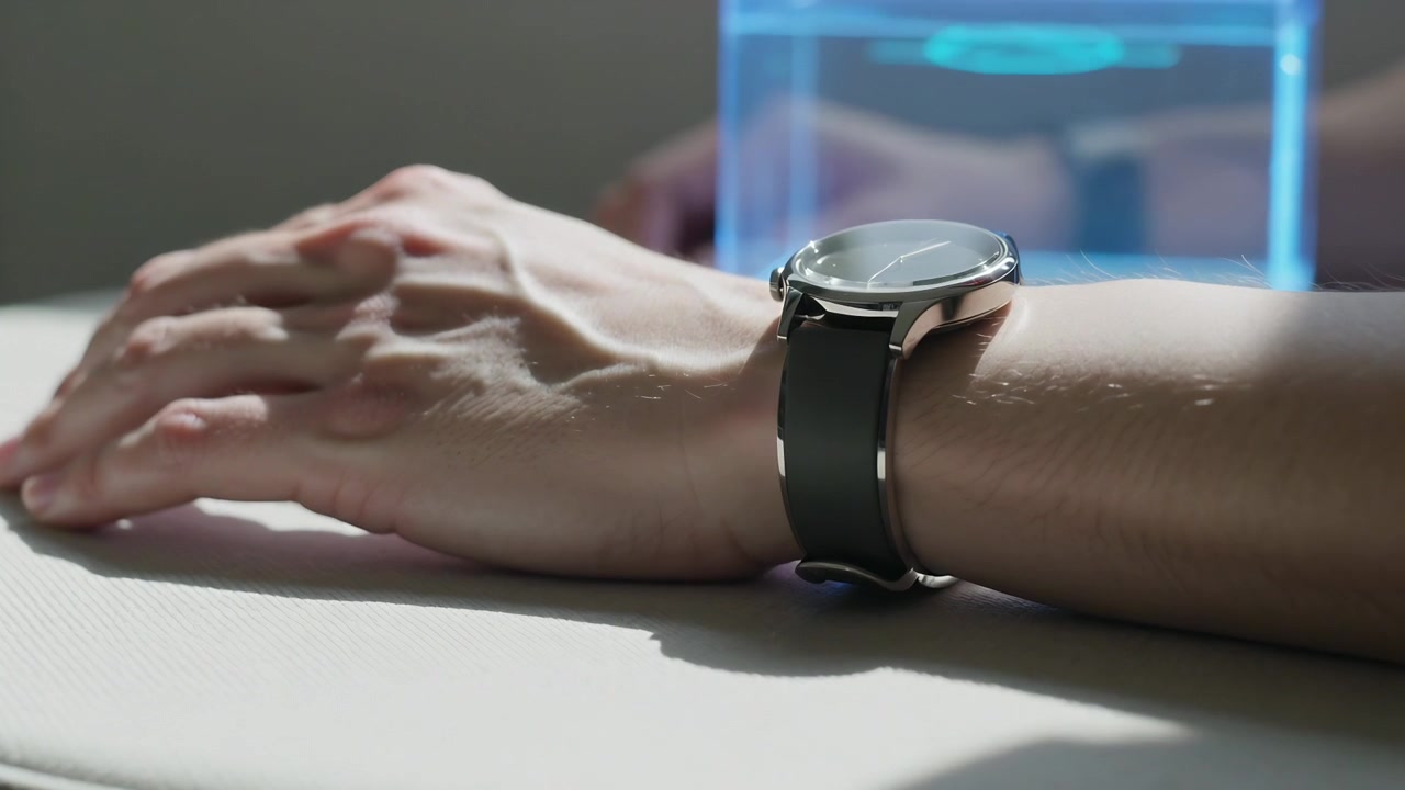 Resting adult bare forearm and hand lying on padded surface, with analog watch and blue container