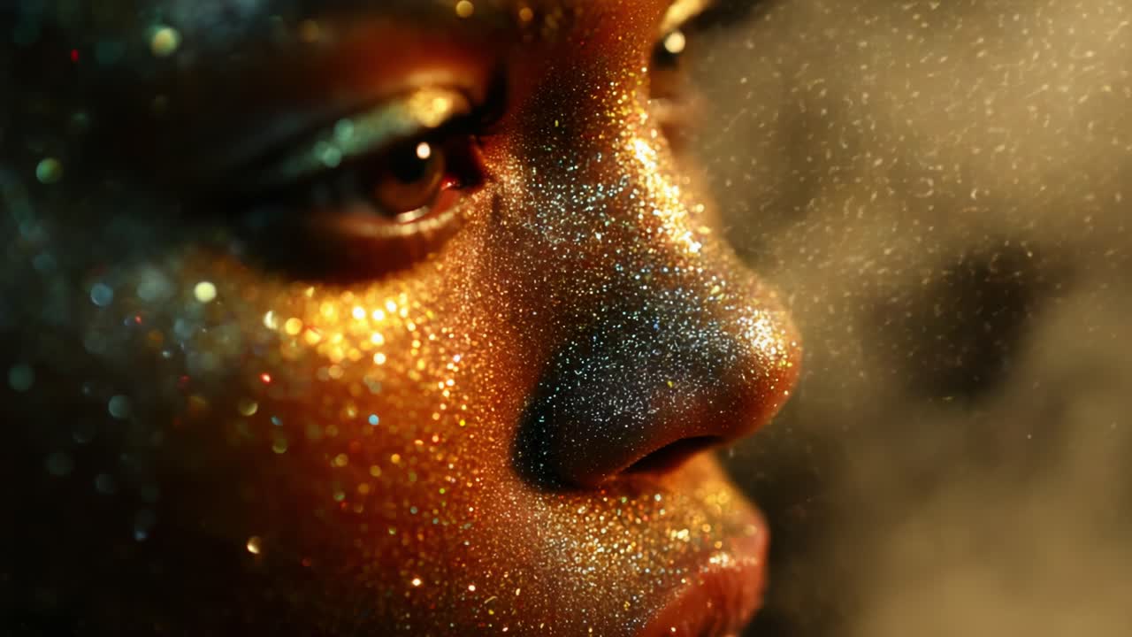 A mesmerizing close-up of a face adorned with shimmering gold and silver glitter, capturing the ethereal beauty and intricate details, creating a dreamlike atmosphere and highlighting the contours of the skin