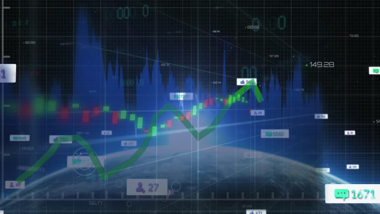 루프로 움직이는 디지털 그래프의 애니메이션, 소셜 미디어 알림과 카운터가 있는 지구