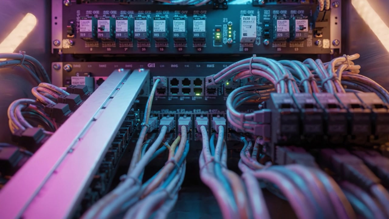 Illuminated Network Equipment Rack Showing Complex Wiring and Circuitry in a High-Tech Environment with Vibrant LED Lighting Enhancements for Data Transmission