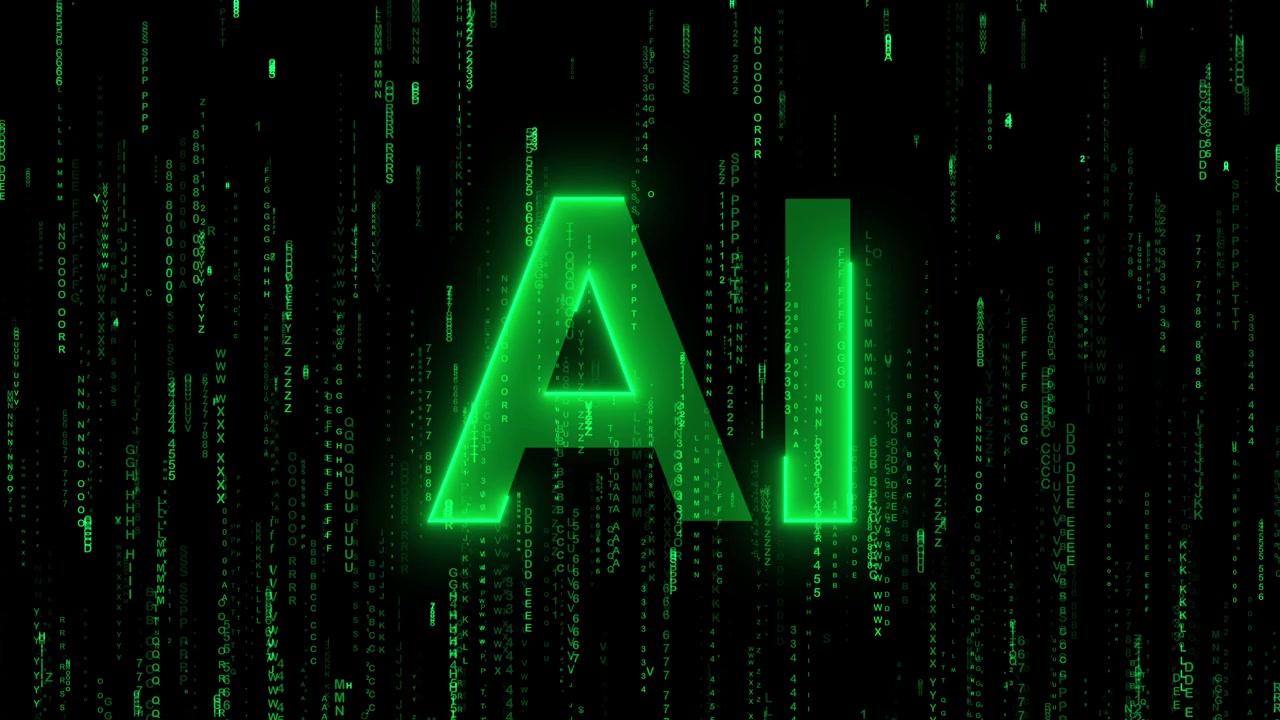 Glødende AI-tekst med faldende grøn digital kodebaggrund