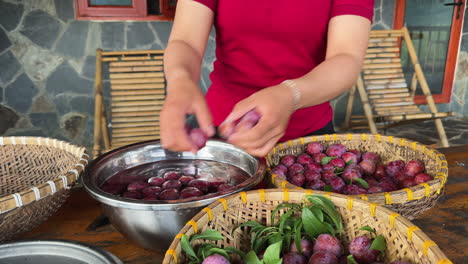 woman sorting ripe plums into baskets with one bowl filled with dark syrup