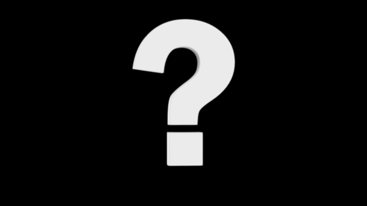 Rotating 3D White Question Mark on Black Background.
