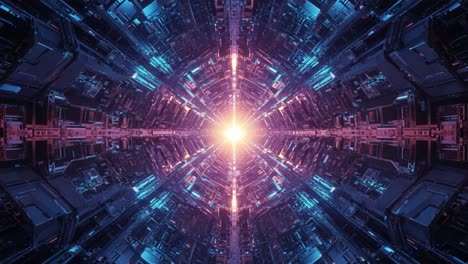 a stunning journey through a futuristic digital tunnel illuminated by a radiant core, showcasing science fiction elements and advanced technology in mesmerizing colors