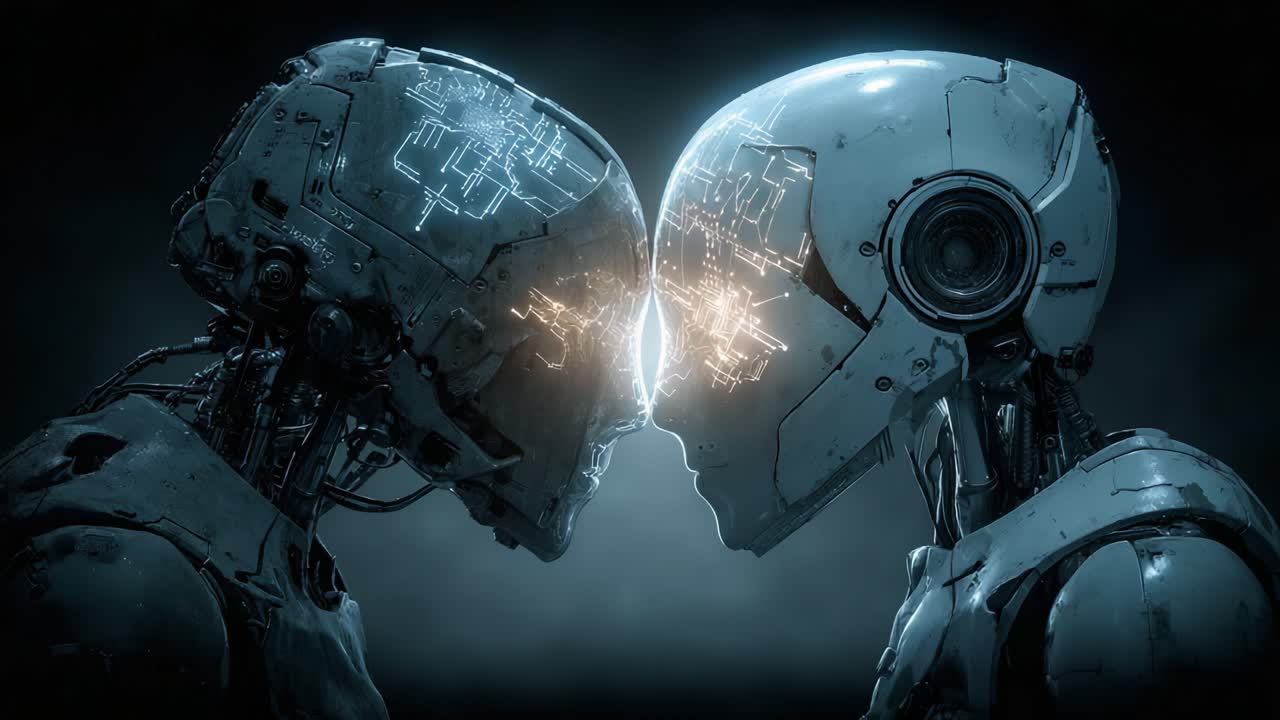 Un teso confronto tra due robot avanzati che riflette l'intersezione tra tecnologia e umanità, mostrando i loro intricati design e contenuti visivi emozionanti