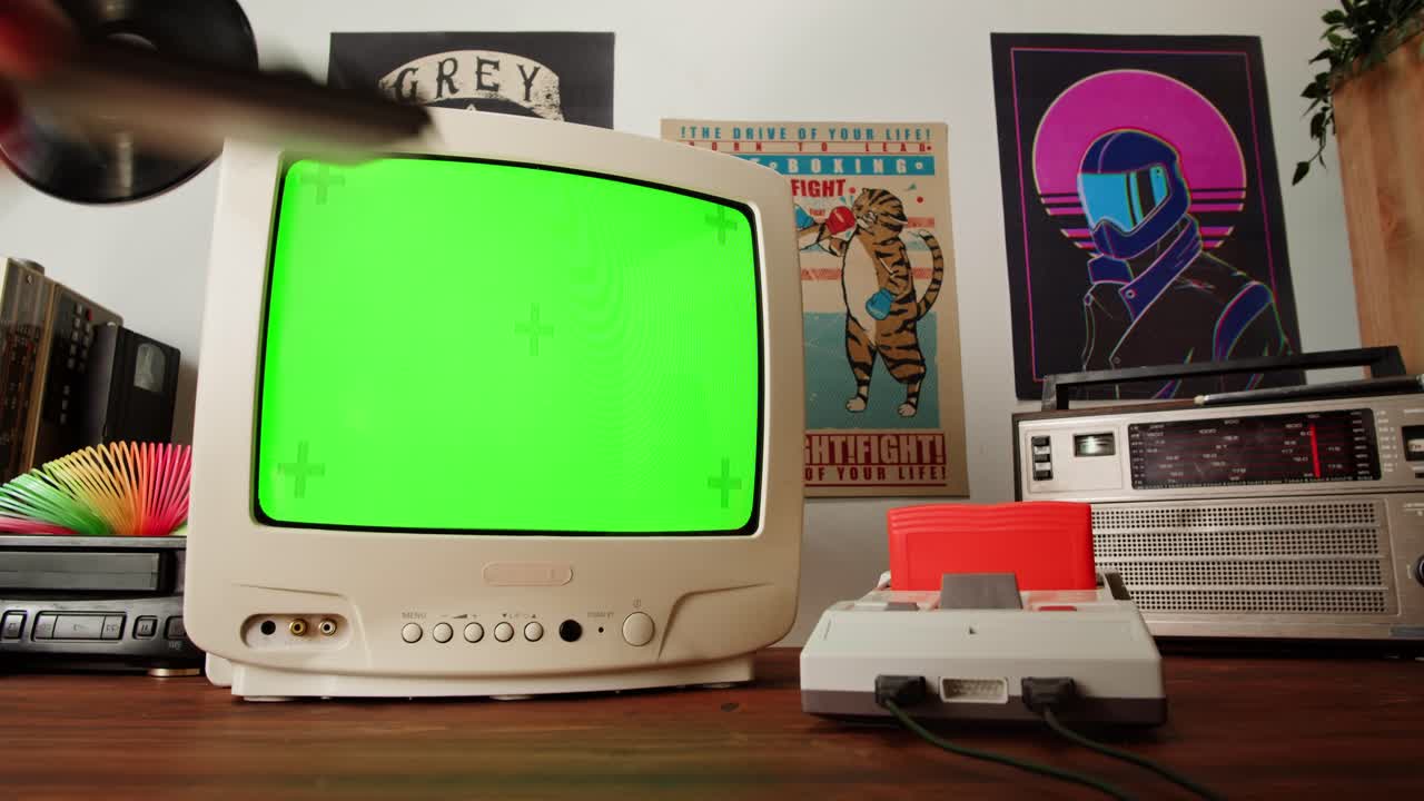 Retro Gaming Setup with Green Screen TV