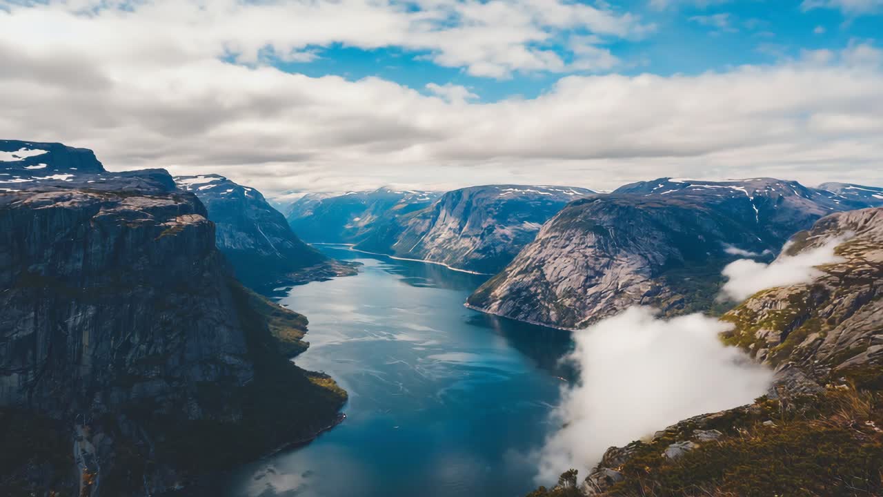 Scenic view of a fjord with mountains and clouds