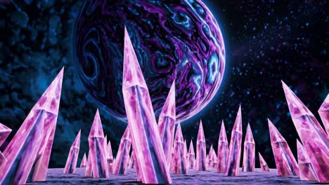 pilares de cristal rosado en un planeta alienígena
