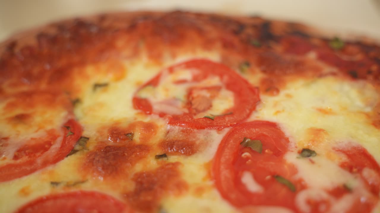 Freshly Baked Pizza Margarita, Slow Motion Revealing Close Up Shot