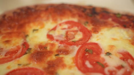 freshly baked pizza margarita, slow motion revealing close up shot