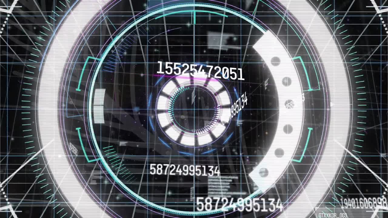 анимация нескольких меняющихся чисел через неоновые круглые сканеры и световые следы на черном фоне.