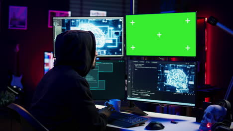 hacker usando pantalla verde pc y ai para encontrar conexiones sin parches