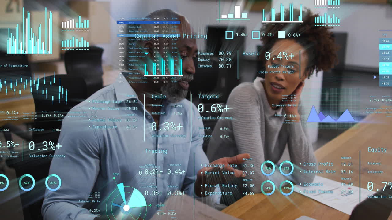 Animation of financial data processing over diverse business people in office