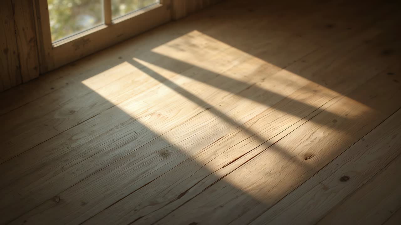 Showing sunlit patch on wood floor in cabin shifting with sun moving, window muntin casting shadow