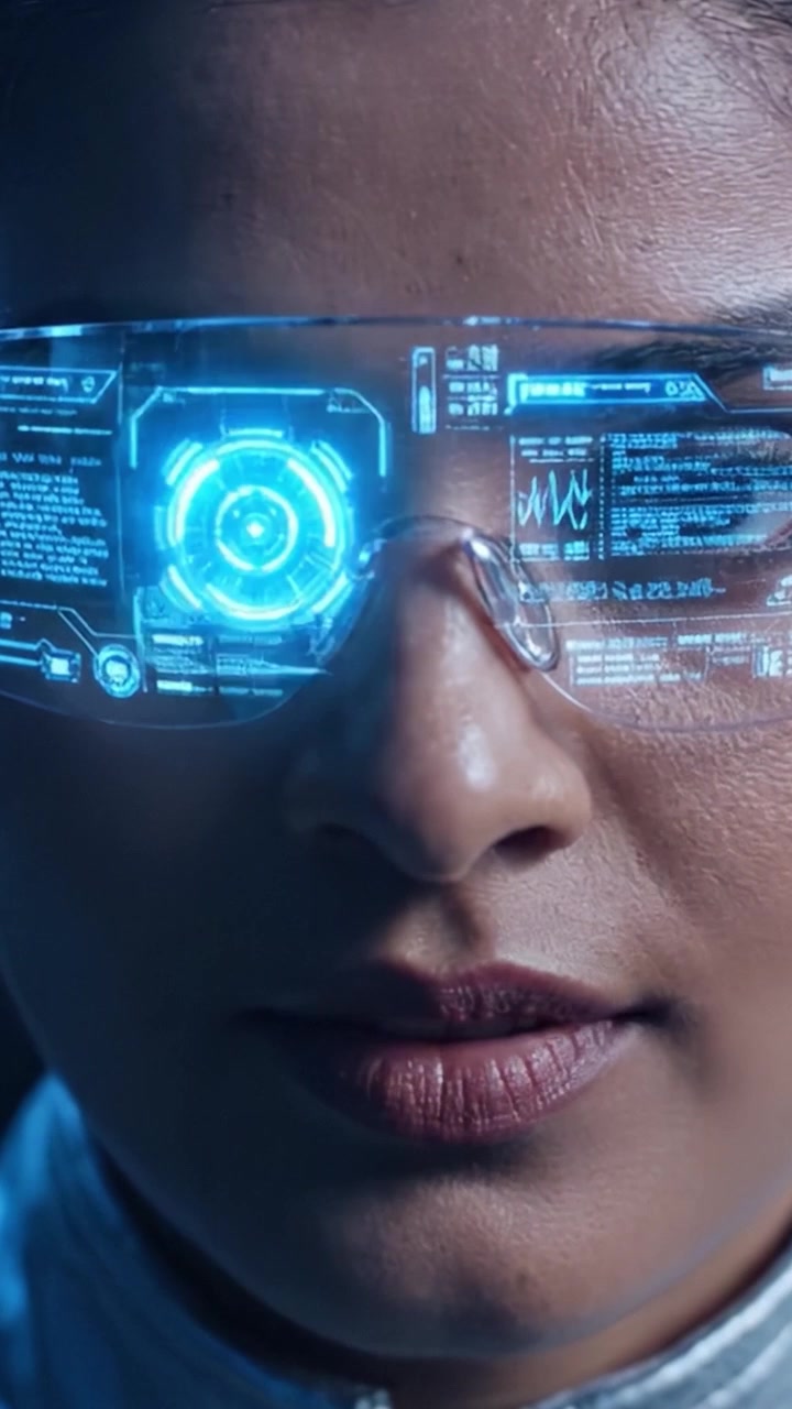 A Close-Up Visionary: Emphasizing the Determined Gaze of a Character Wearing High-Tech Augmented Reality Glasses and a Futuristic Outfit, Capturing Innovation and Technology