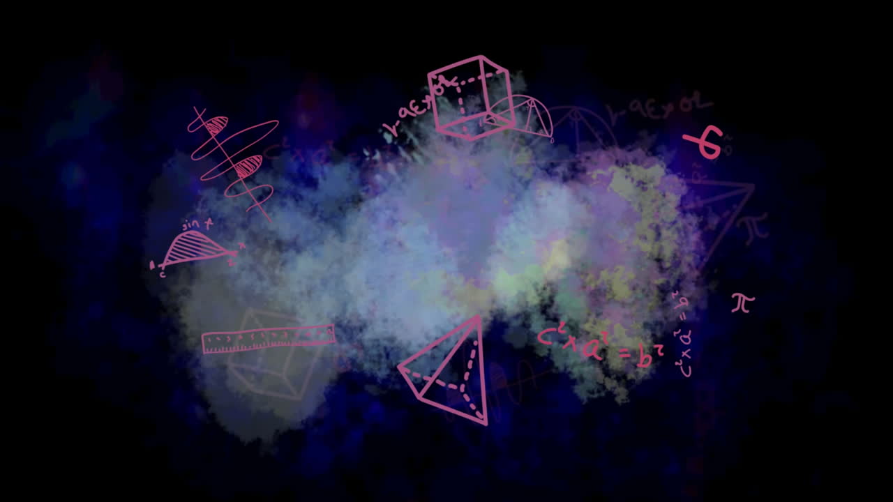 검은 바탕에 수학 방정식과 기호의 애니메이션