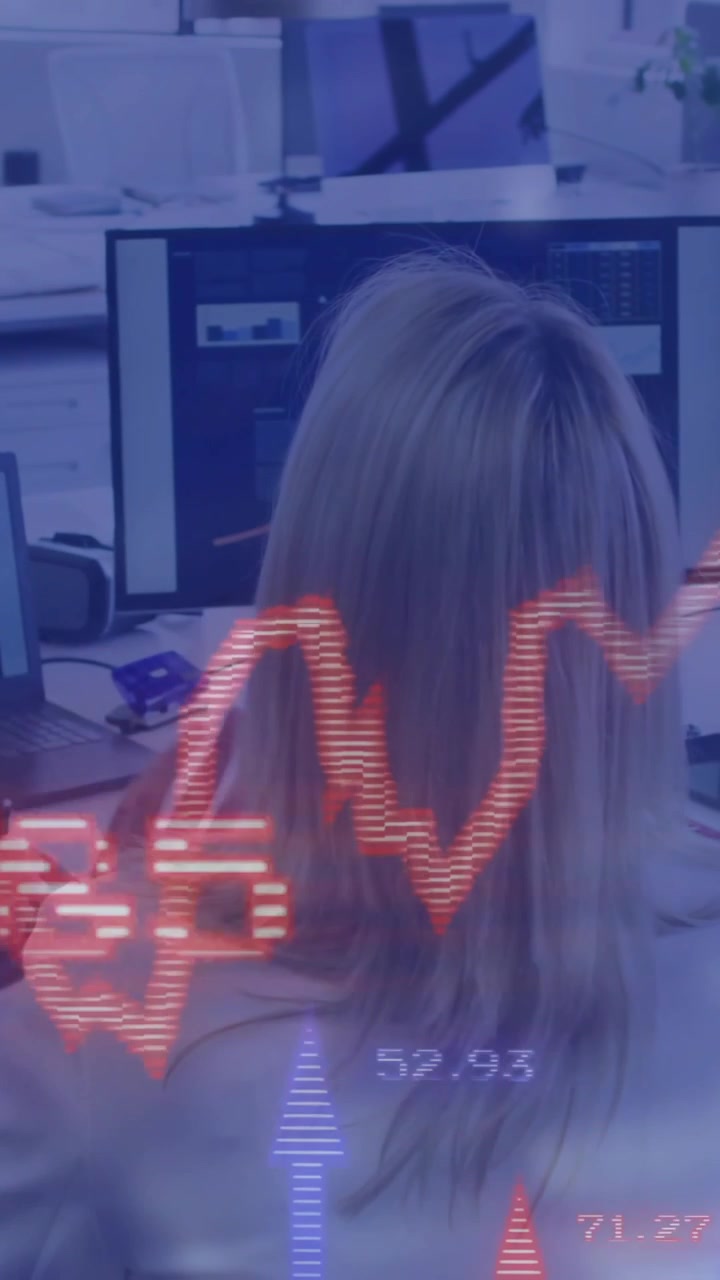 Financial data and stock market animation over business people discussing in office