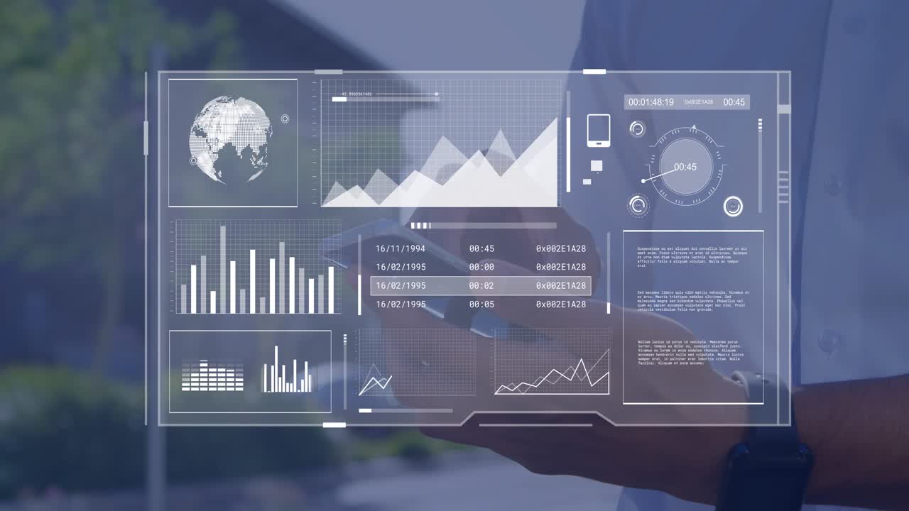 Mann holder enhet, trykker og sveiper, animerer forretnings-HUD-grafer og målere under datagjennomgang.