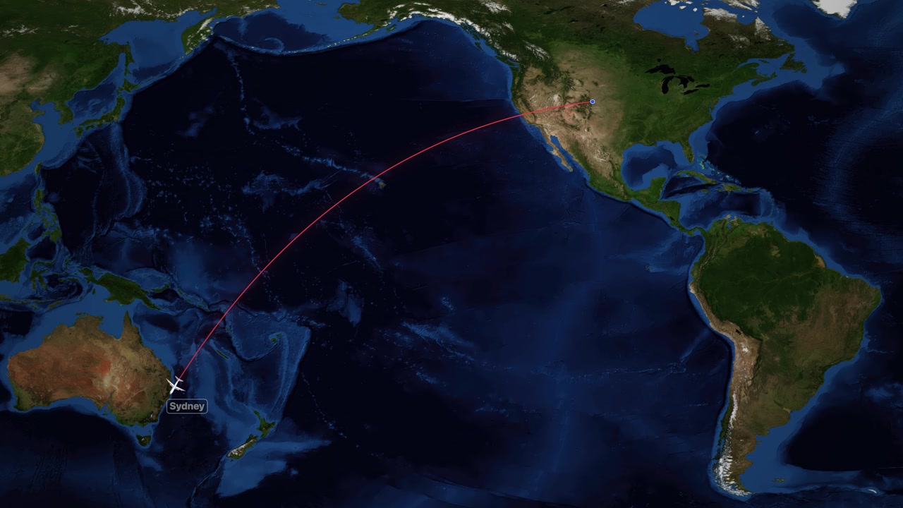 Satellite world map animation tracks a red flight path from Denver to Sydney