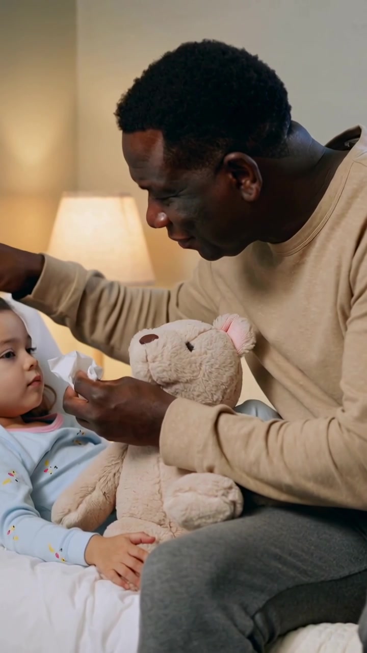 Vertical video: Wiping nose after sniffle, dad in sweater on bed with tissue and teddy, soothing