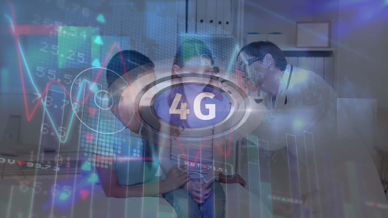 animación de la interfaz digital sobre dos médicos caucásicos con poco paciente